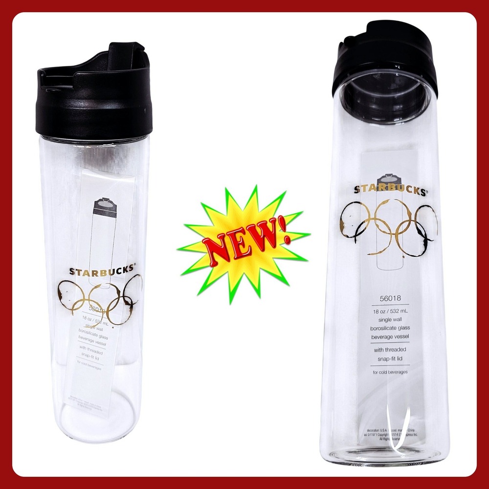 Starbucks h2go Glass Water Bottle 18oz Gold Olympic Coffee Rings‎ Clear NEW